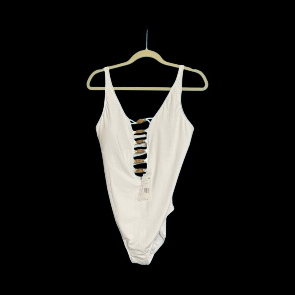 Bleu Rod Beattie One Piece Swimsuit Lace Up Cut Out White Size 14
